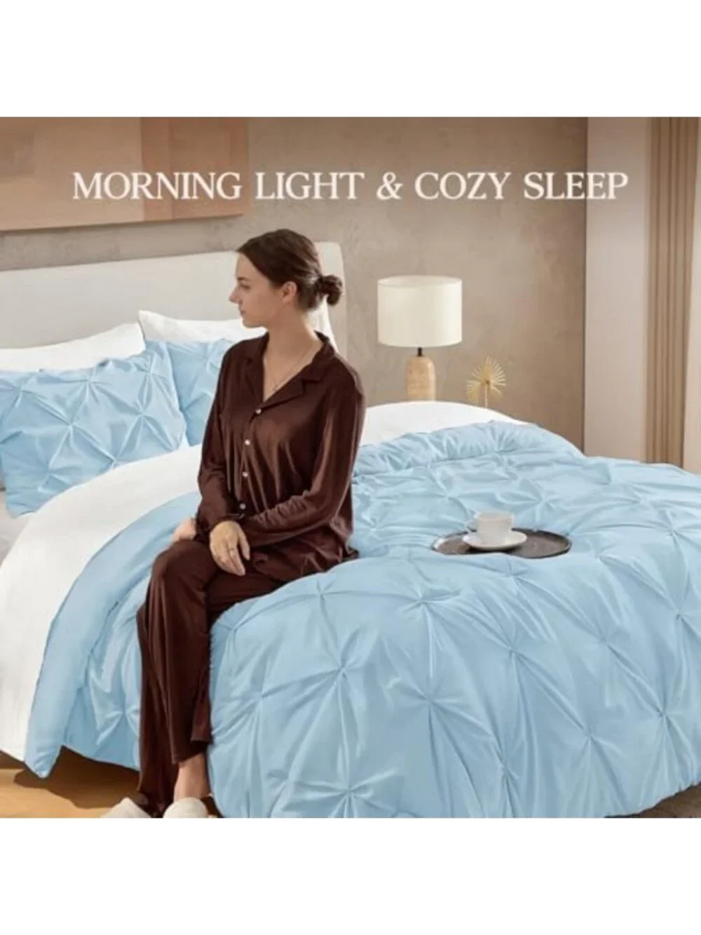 Light Blue Queen Comforter Set - 3 Piece Pinch Pleat Bedding for Cozy Home Decor